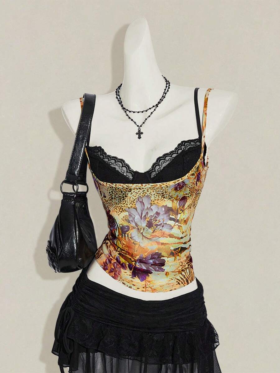 Women's grey leopard print spaghetti strap cami with black contrast lace trim and slim fit design