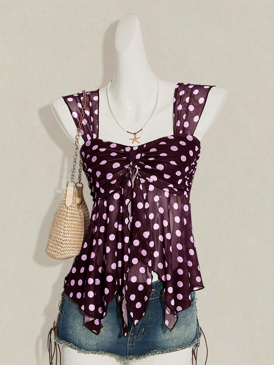 Women's white cherry print cami top with wide straps, ruched knot detail, and an asymmetrical hem