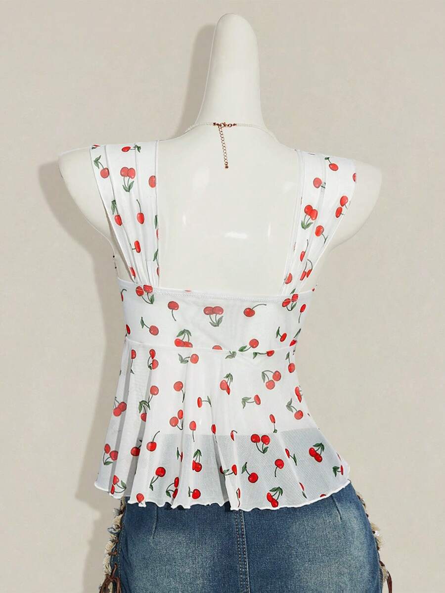Women's white cherry print cami top with wide straps, ruched knot detail, and an asymmetrical hem