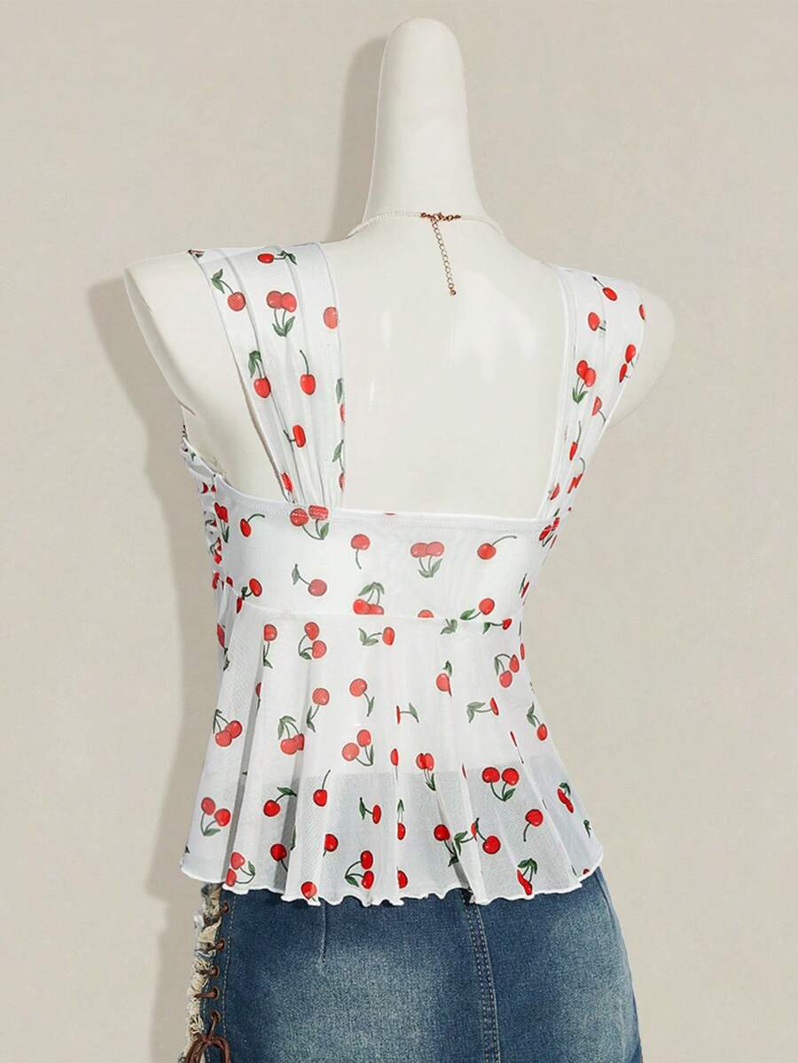Women's white cherry print cami top with wide straps, ruched knot detail, and an asymmetrical hem