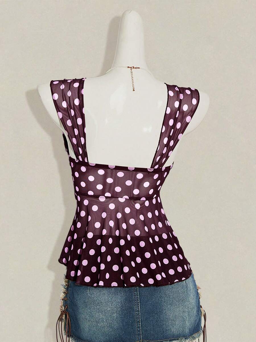 Women's white cherry print cami top with wide straps, ruched knot detail, and an asymmetrical hem