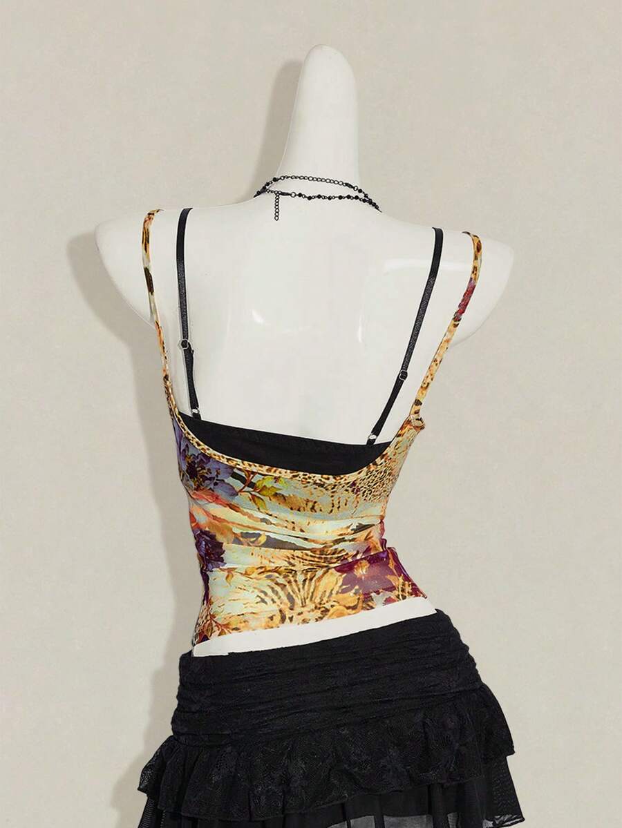 Women's grey leopard print spaghetti strap cami with black contrast lace trim and slim fit design
