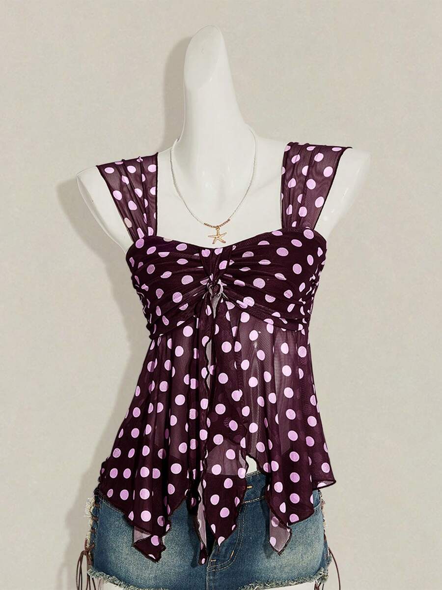 Women's white cherry print cami top with wide straps, ruched knot detail, and an asymmetrical hem