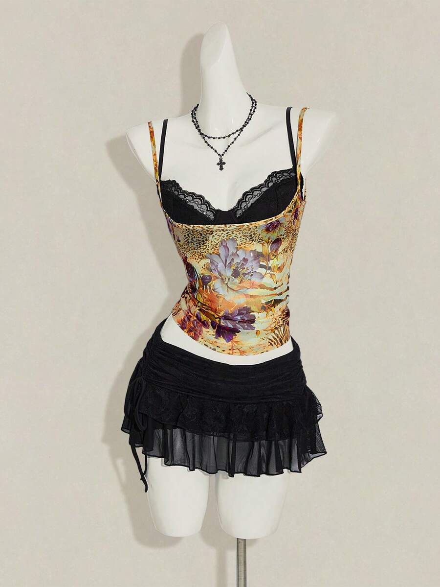 Women's grey leopard print spaghetti strap cami with black contrast lace trim and slim fit design