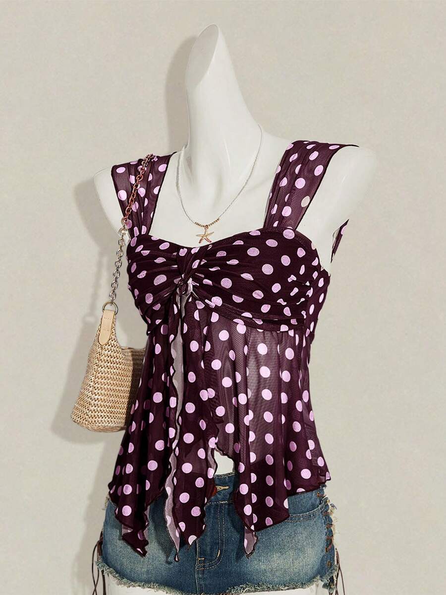 Women's white cherry print cami top with wide straps, ruched knot detail, and an asymmetrical hem