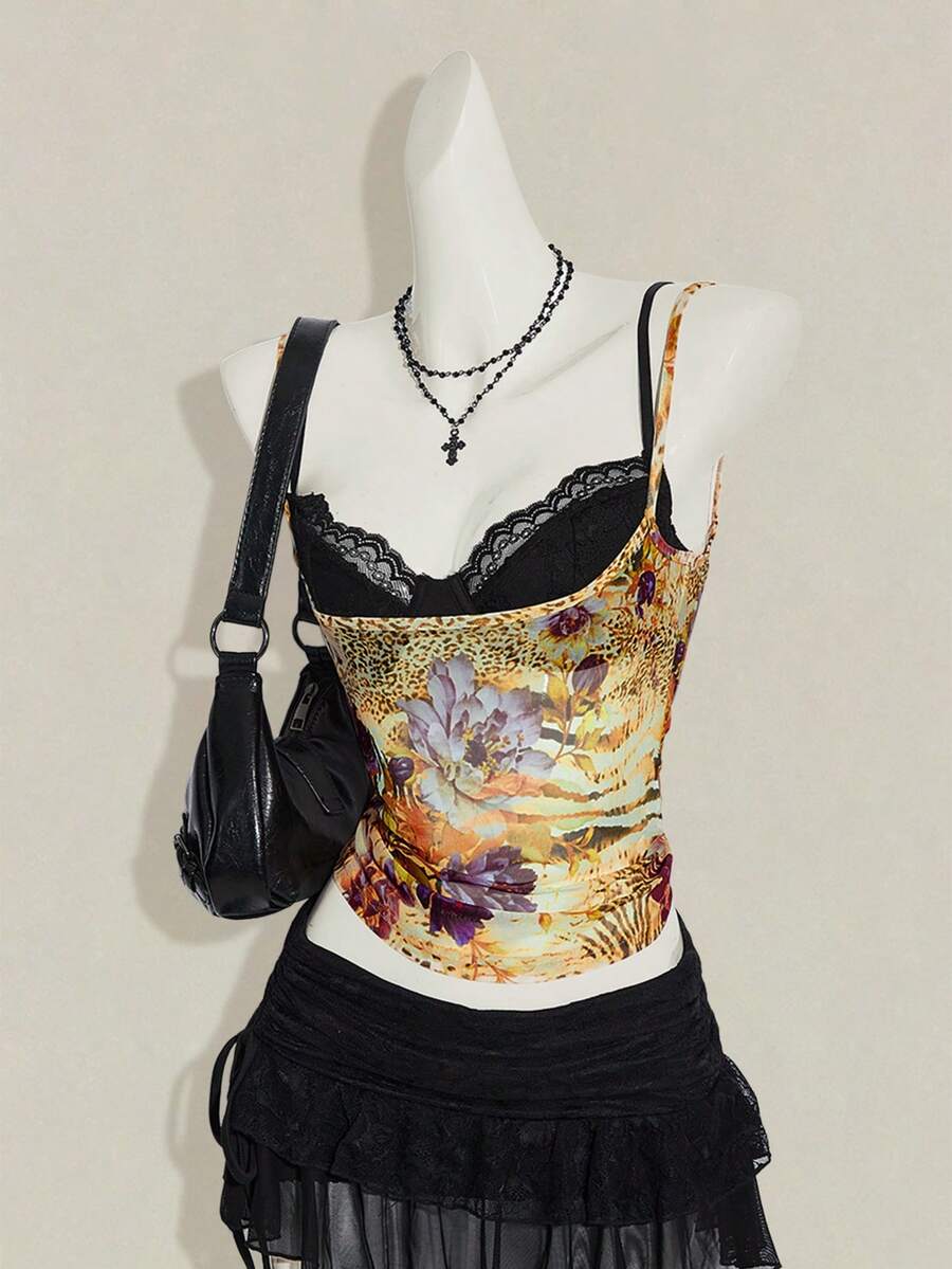 Women's grey leopard print spaghetti strap cami with black contrast lace trim and slim fit design