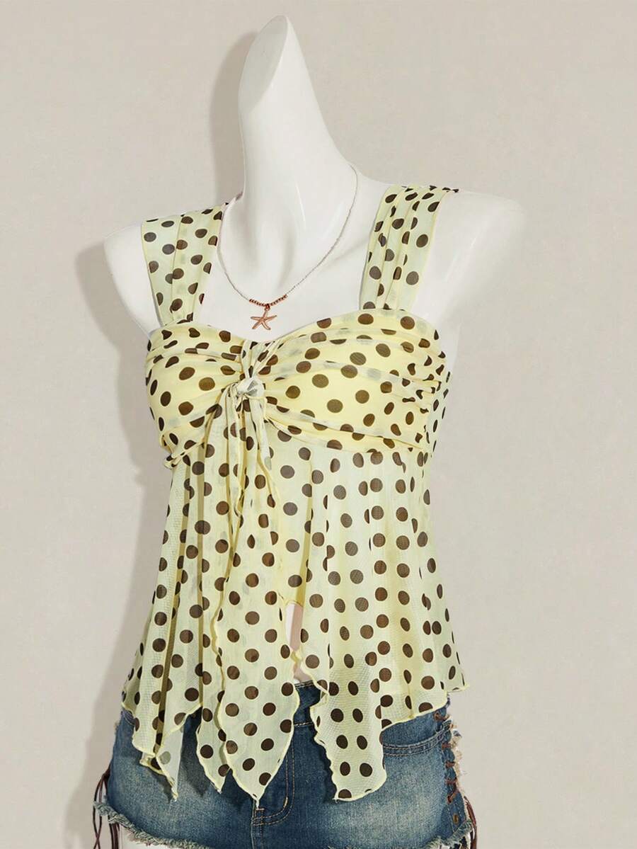 Women's white cherry print cami top with wide straps, ruched knot detail, and an asymmetrical hem