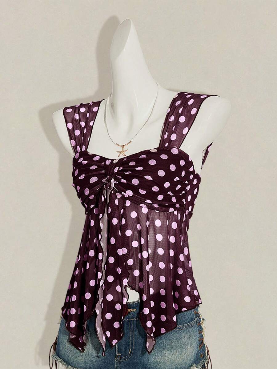 Women's white cherry print cami top with wide straps, ruched knot detail, and an asymmetrical hem