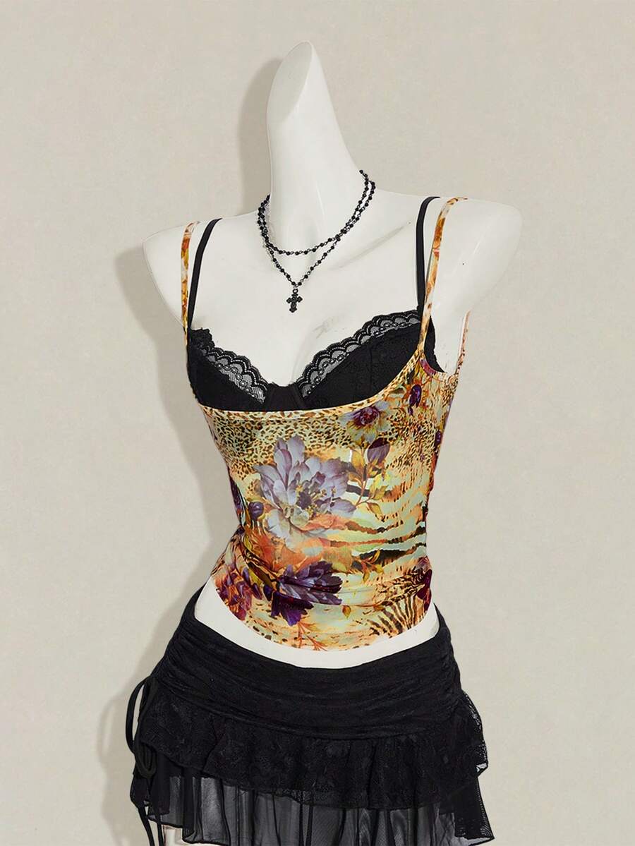 Women's grey leopard print spaghetti strap cami with black contrast lace trim and slim fit design