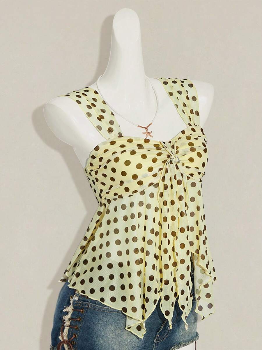 Women's white cherry print cami top with wide straps, ruched knot detail, and an asymmetrical hem