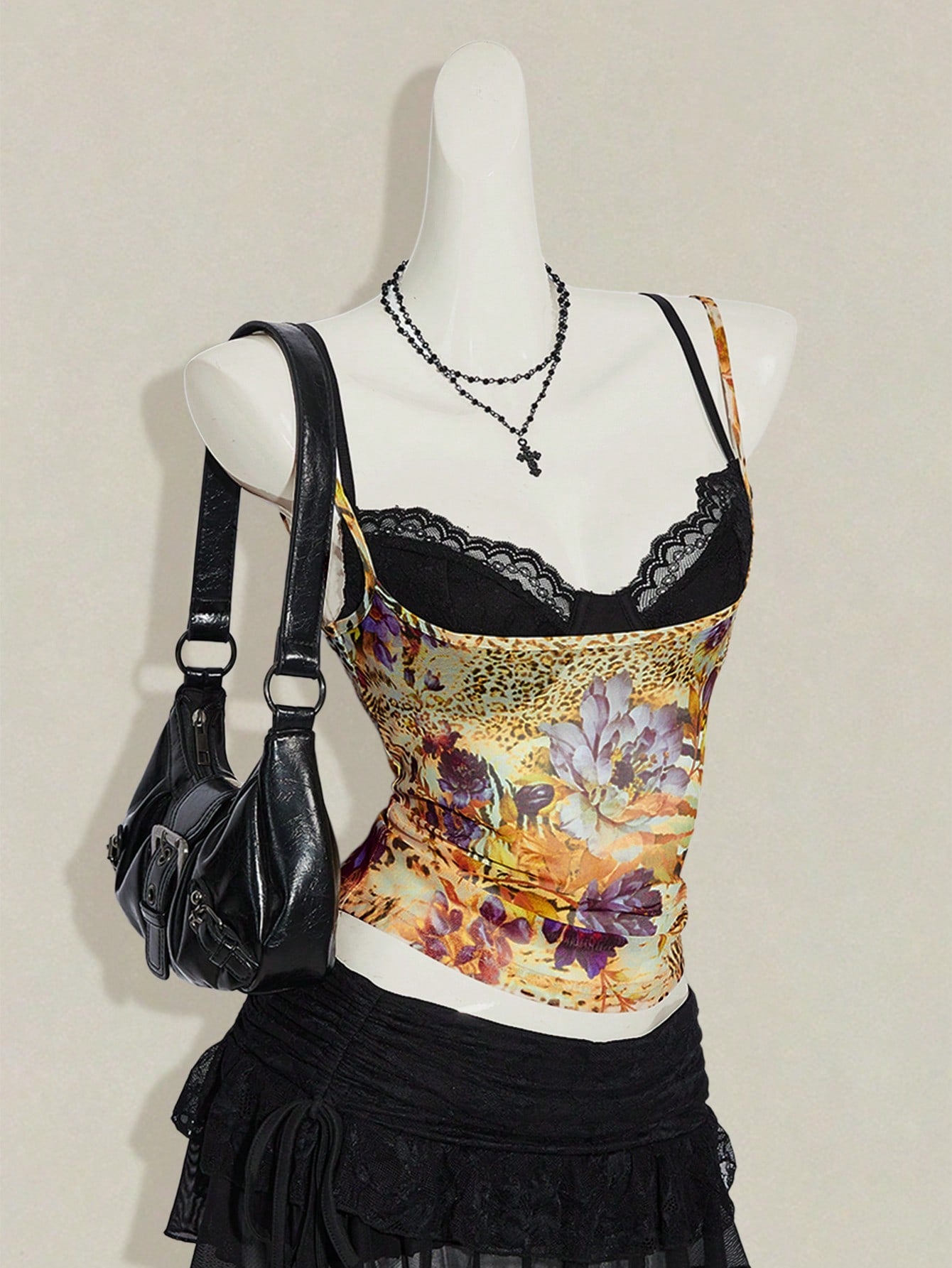 Women's grey leopard print spaghetti strap cami with black contrast lace trim and slim fit design