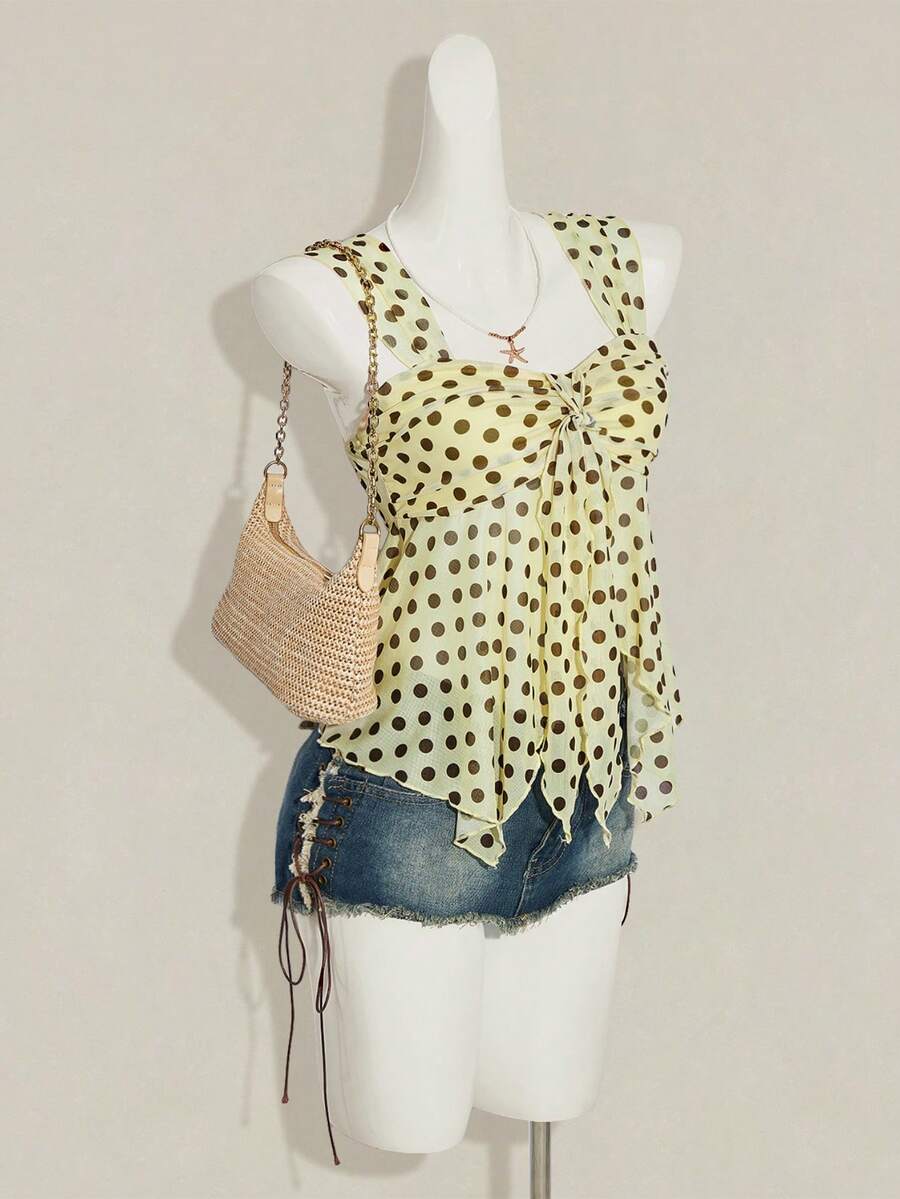 Women's white cherry print cami top with wide straps, ruched knot detail, and an asymmetrical hem