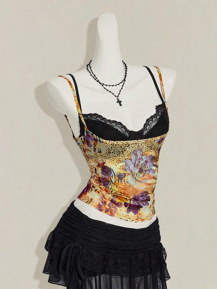 Women's grey leopard print spaghetti strap cami with black contrast lace trim and slim fit design