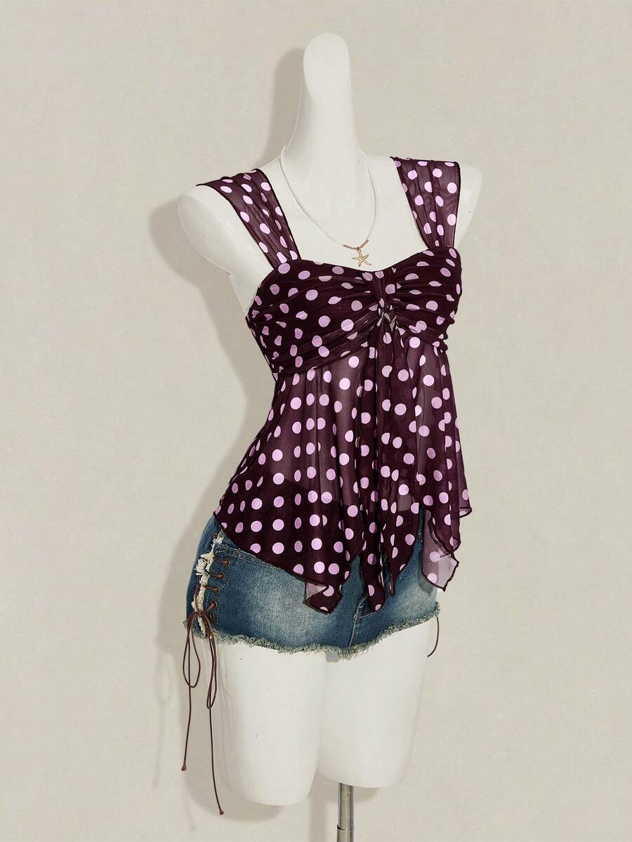 Women's white cherry print cami top with wide straps, ruched knot detail, and an asymmetrical hem