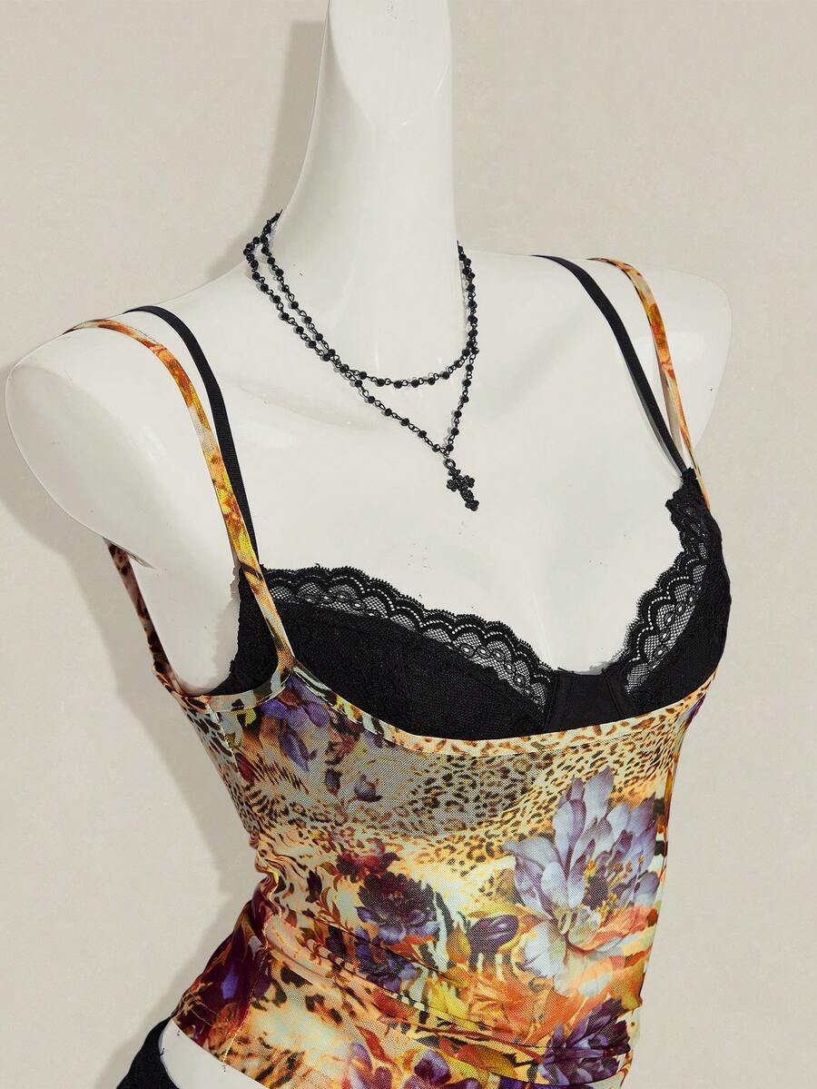 Women's grey leopard print spaghetti strap cami with black contrast lace trim and slim fit design