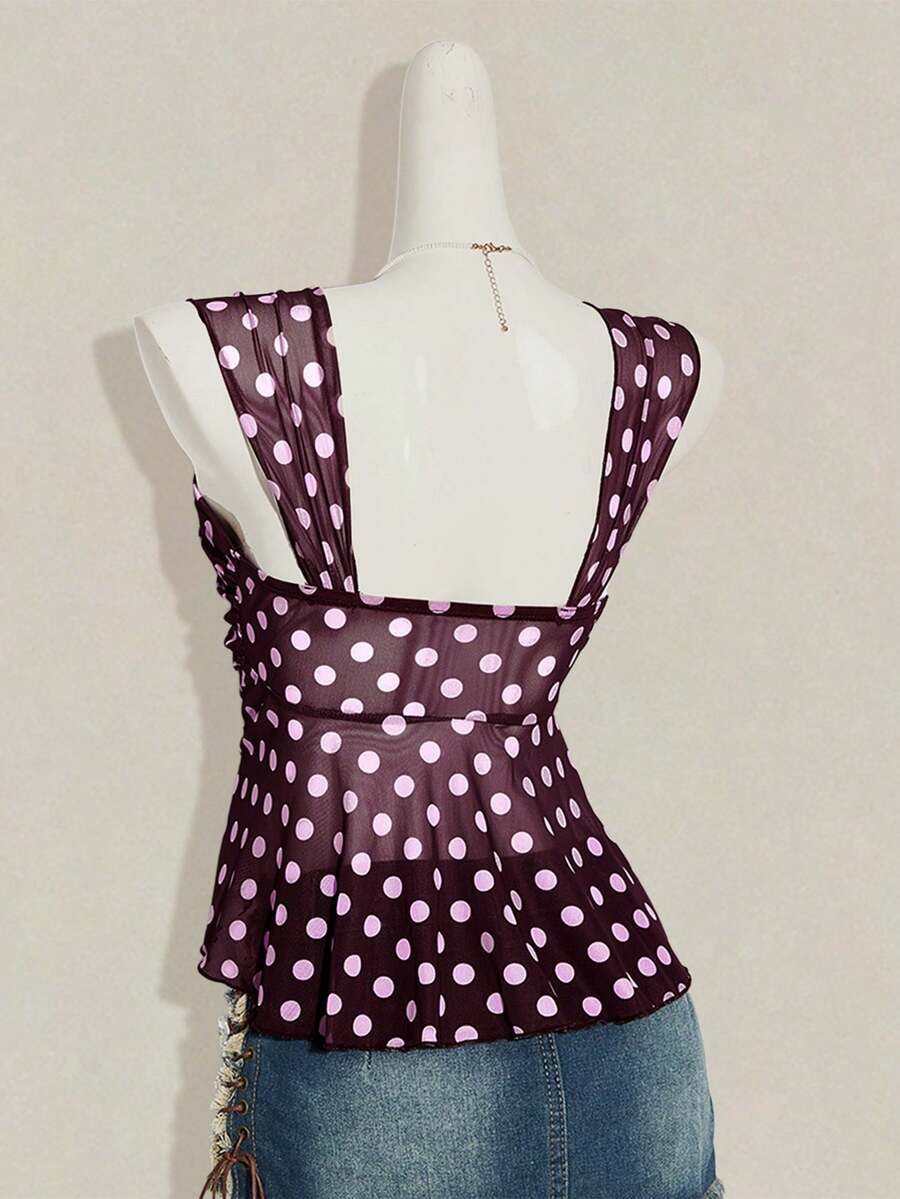 Women's white cherry print cami top with wide straps, ruched knot detail, and an asymmetrical hem