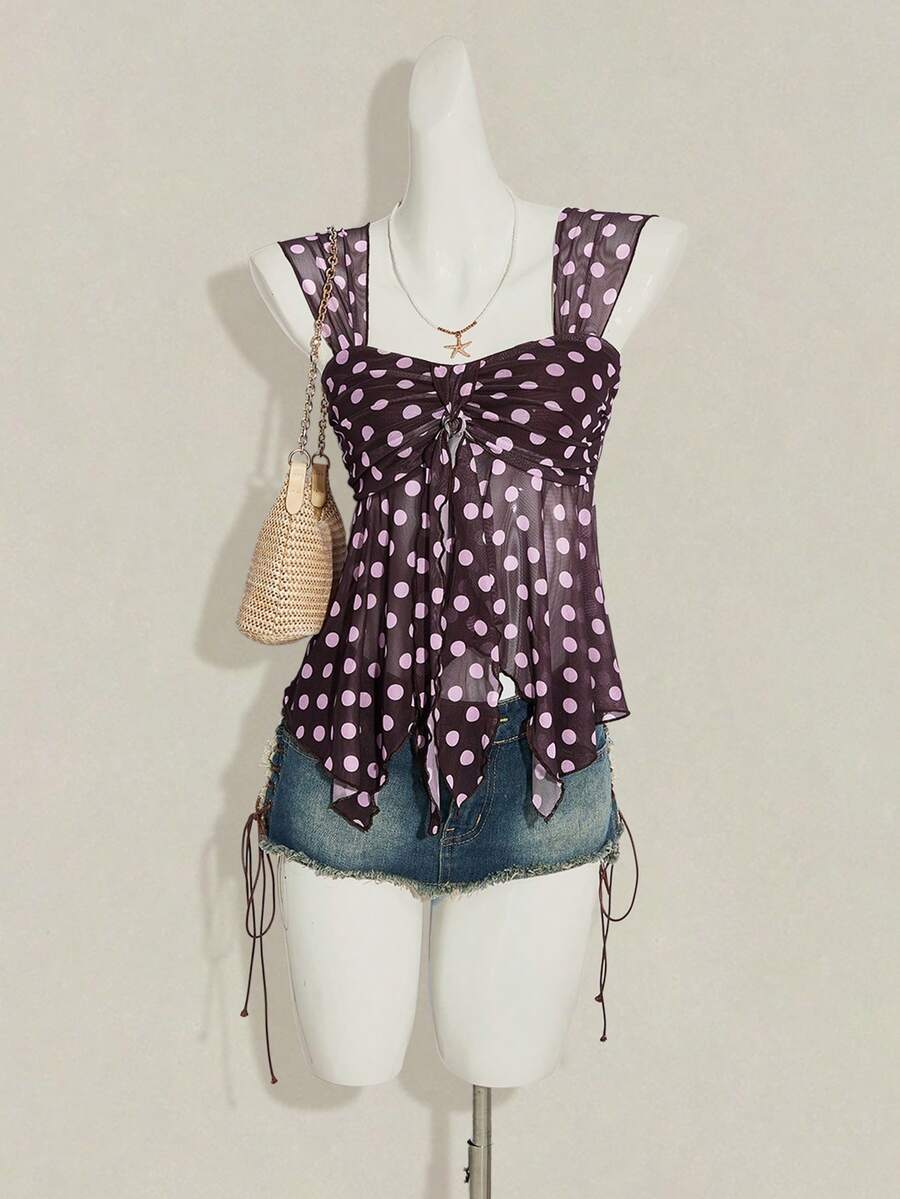 Women's white cherry print cami top with wide straps, ruched knot detail, and an asymmetrical hem