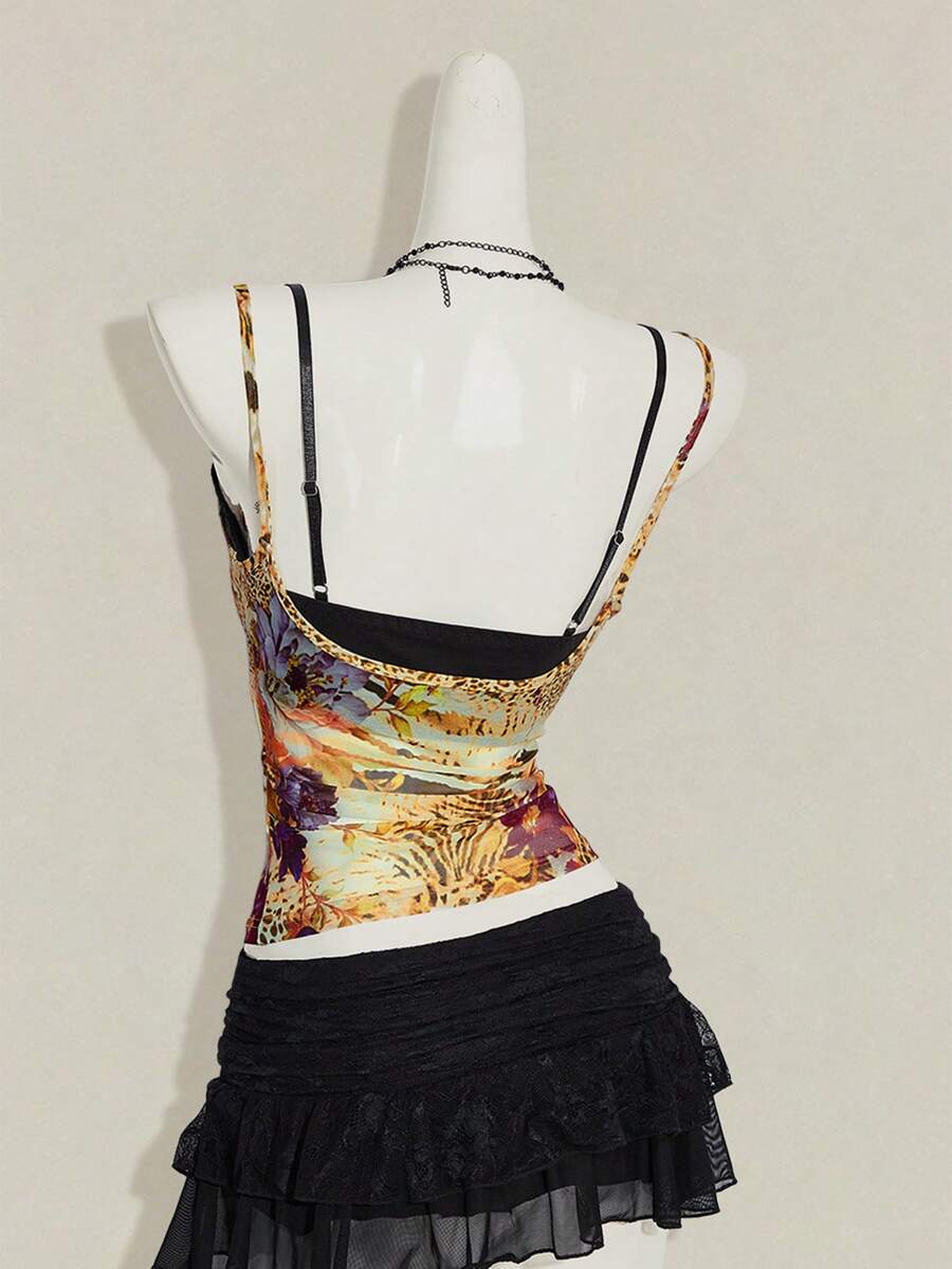 Women's grey leopard print spaghetti strap cami with black contrast lace trim and slim fit design