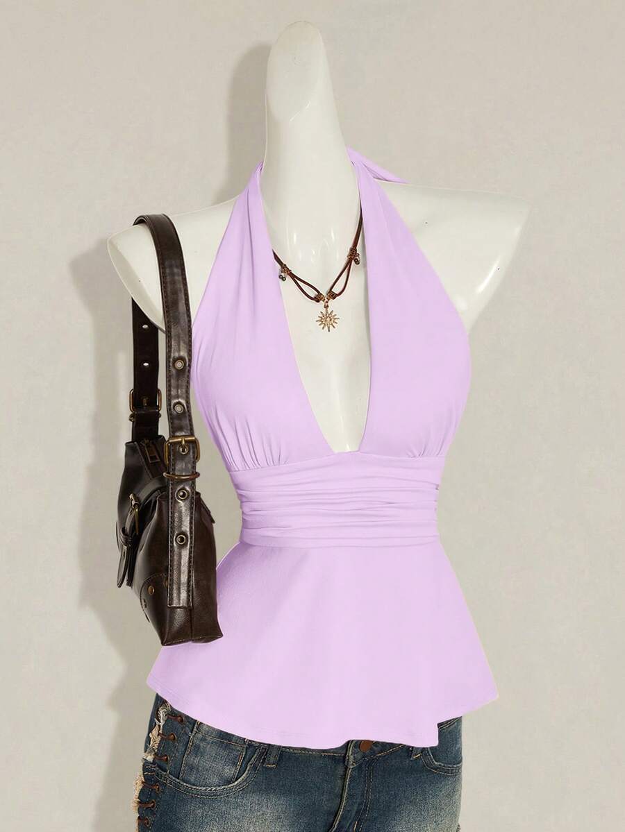 Women's backless halter babydoll tank top featuring a square neckline, slim fit silhouette, and a flared ruffle hem.
