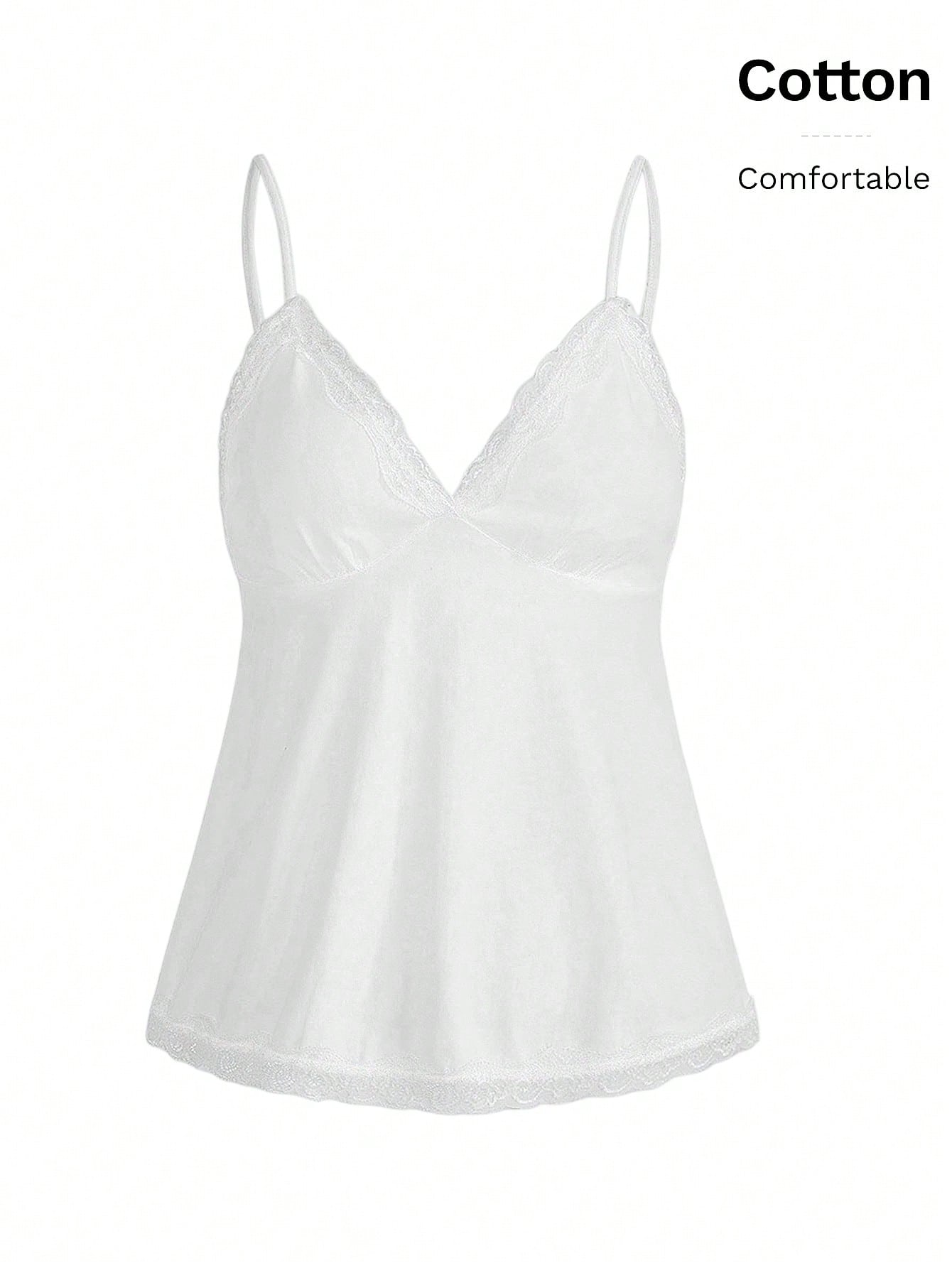 Women's spaghetti strap camisole with contrast lace patchwork, slim fit silhouette, plain design, and flared hem.