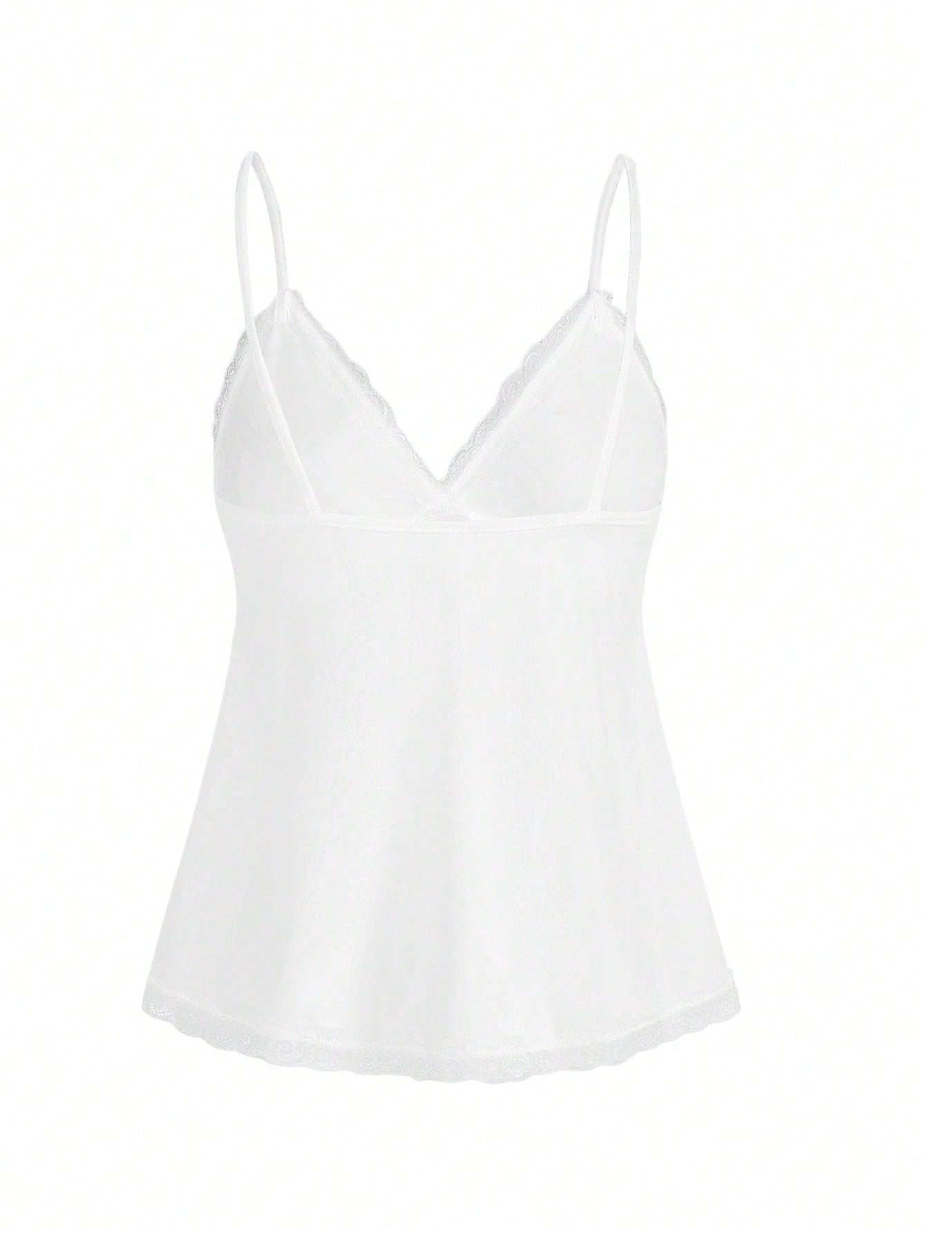 Women's spaghetti strap camisole with contrast lace patchwork, slim fit silhouette, plain design, and flared hem.