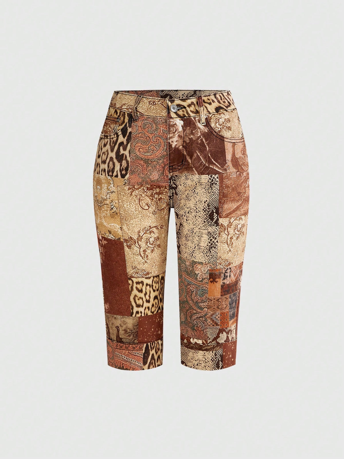 Women's leopard and floral print denim capri jeans featuring an ultra low waist and zipper fly closure.