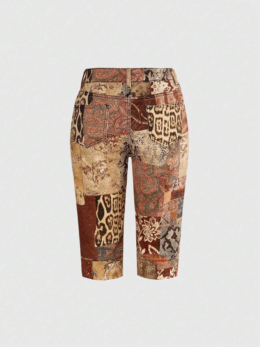 Women's leopard and floral print denim capri jeans featuring an ultra low waist and zipper fly closure.