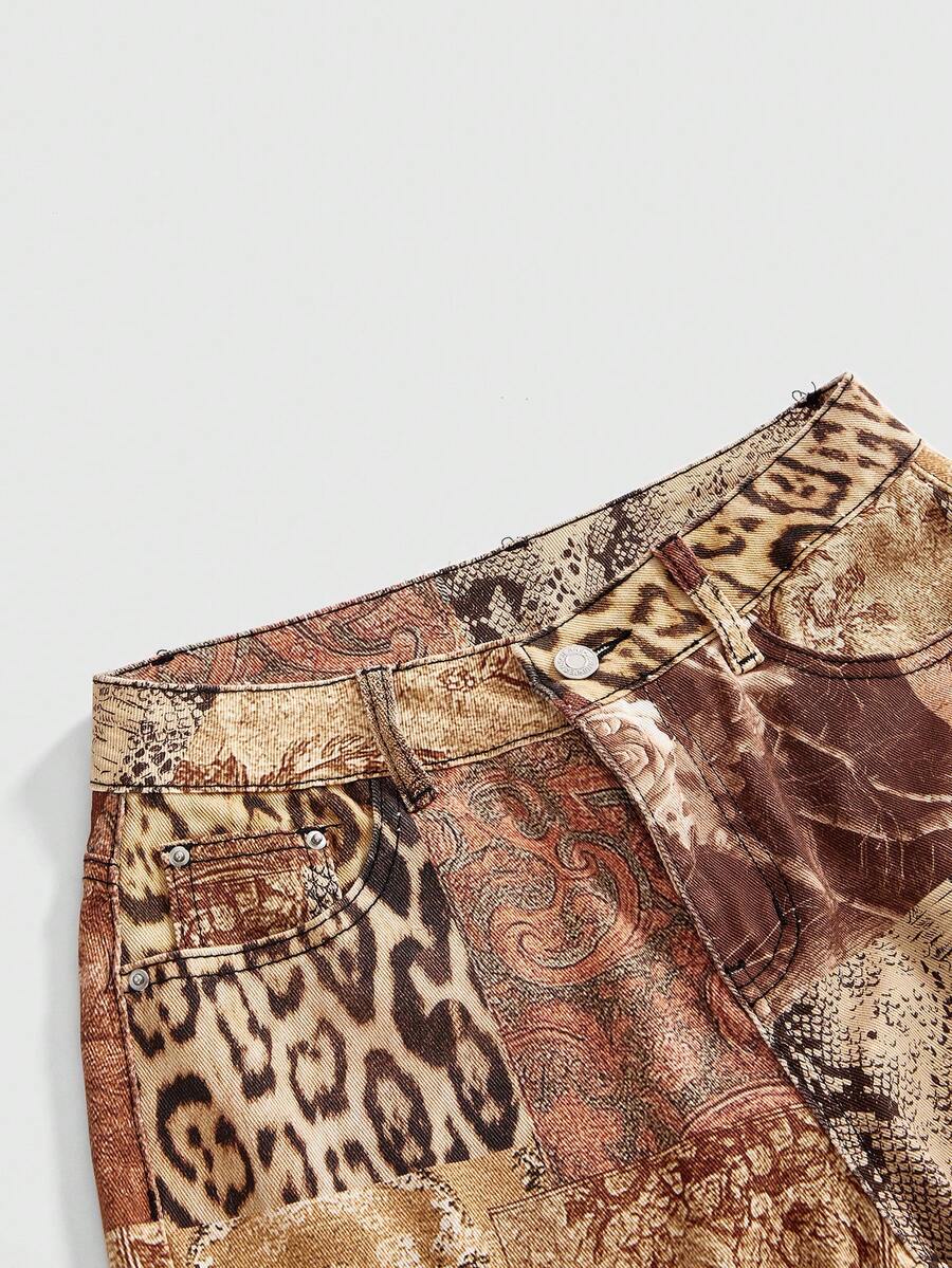 Women's leopard and floral print denim capri jeans featuring an ultra low waist and zipper fly closure.