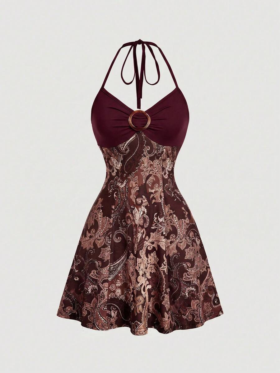 Women's apricot halter mini dress with backless knot and ring detail, sleeveless cami style, flared hem, and boho vacation look