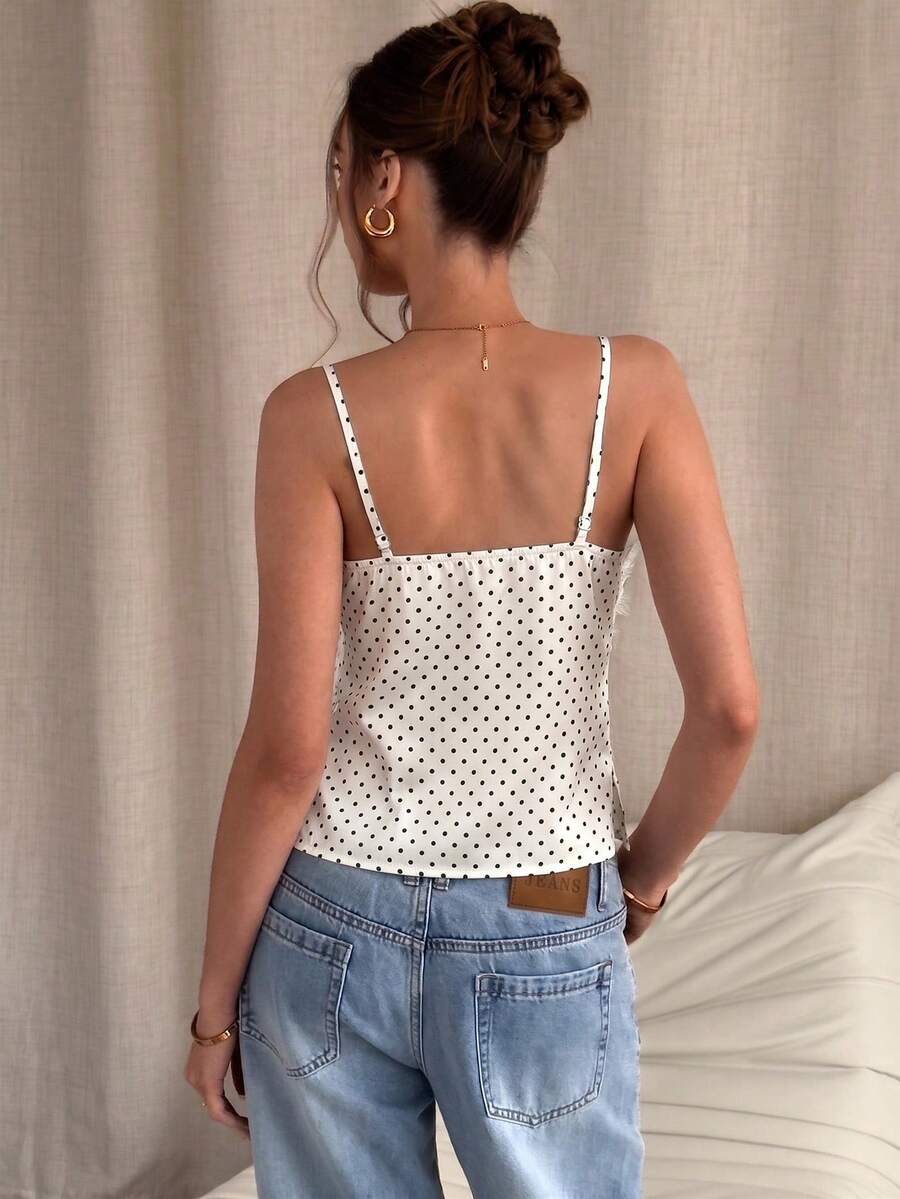 White satin design camisole tank top featuring contrast lace patchwork details and spaghetti straps.