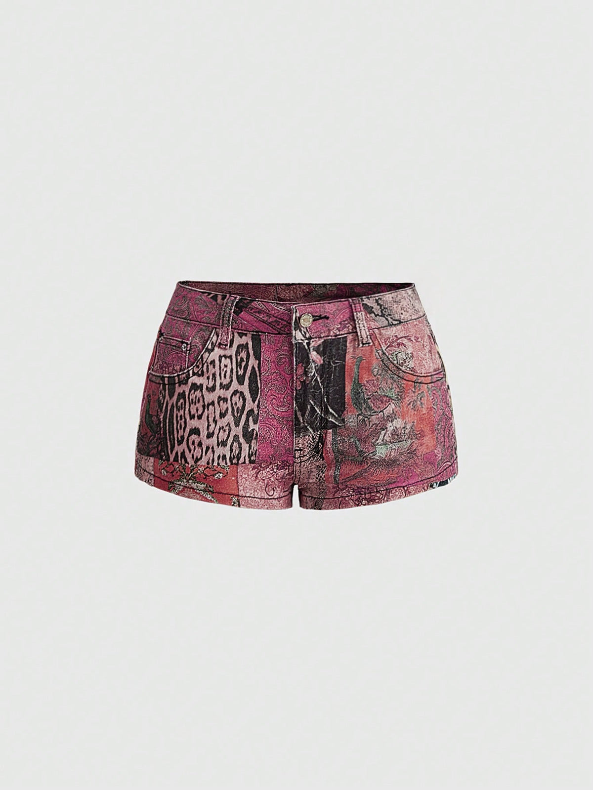 Vintage animal print ultra low waist mini shorts featuring button zipper closure, pockets, and regular fit.