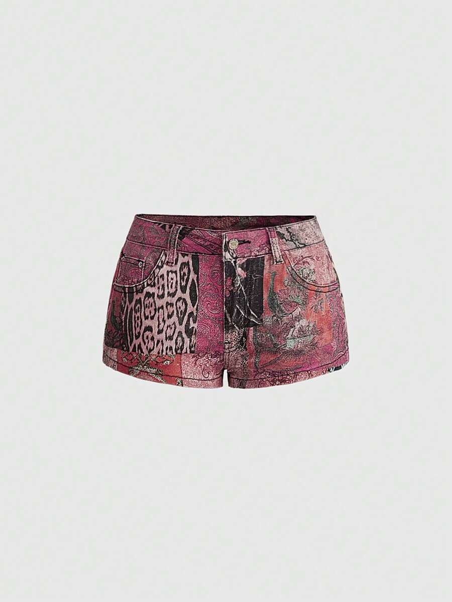 Vintage animal print ultra low waist mini shorts featuring button zipper closure, pockets, and regular fit.