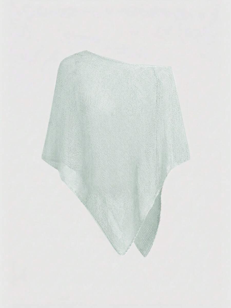 Women's casual hollow knit poncho top with boat neck, cloak sleeves, and asymmetrical hem