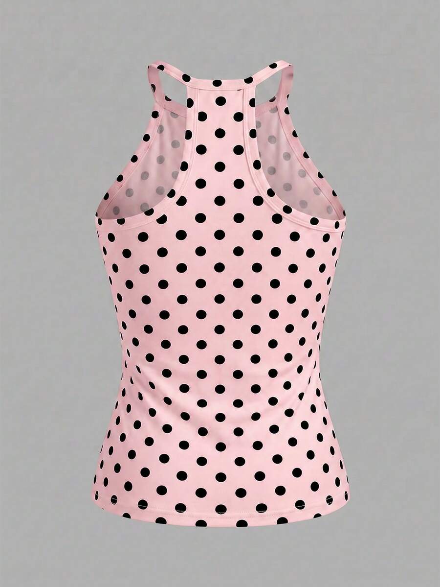 Multicolor women's graphic print halter tank top featuring a round neck, contrast binding, and backless design.