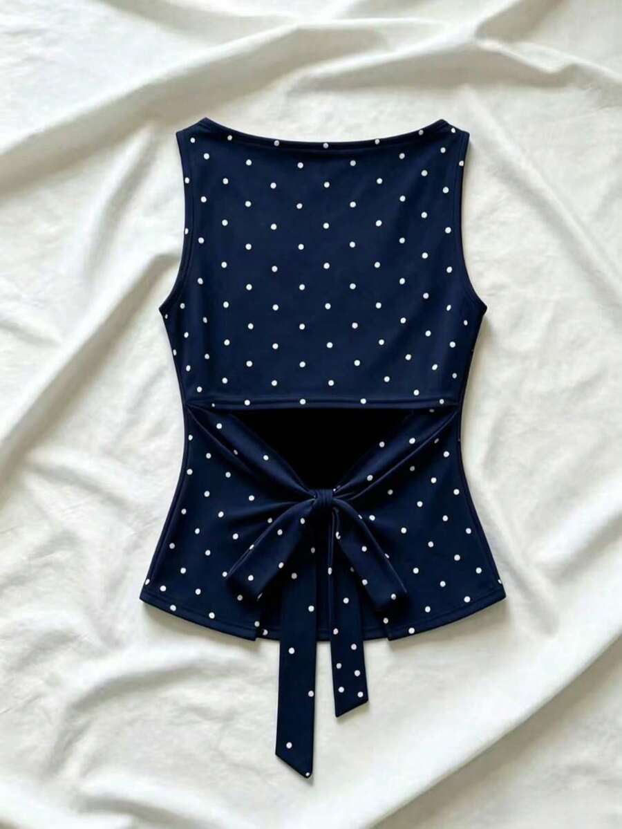 Women's cowl neck tie polka dot pleated tank blouse with ruched details and a regular fit