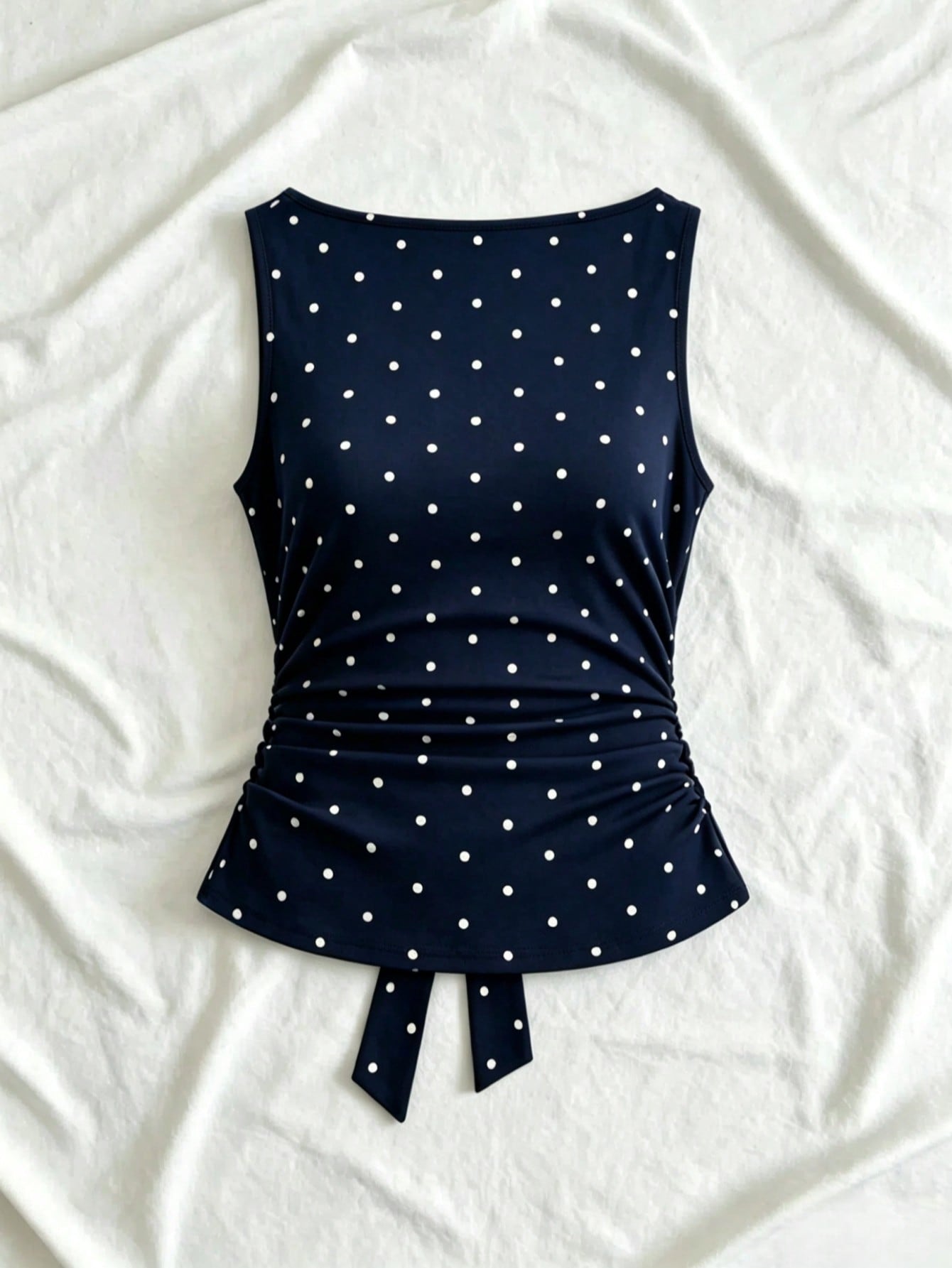 Women's cowl neck tie polka dot pleated tank blouse with ruched details and a regular fit
