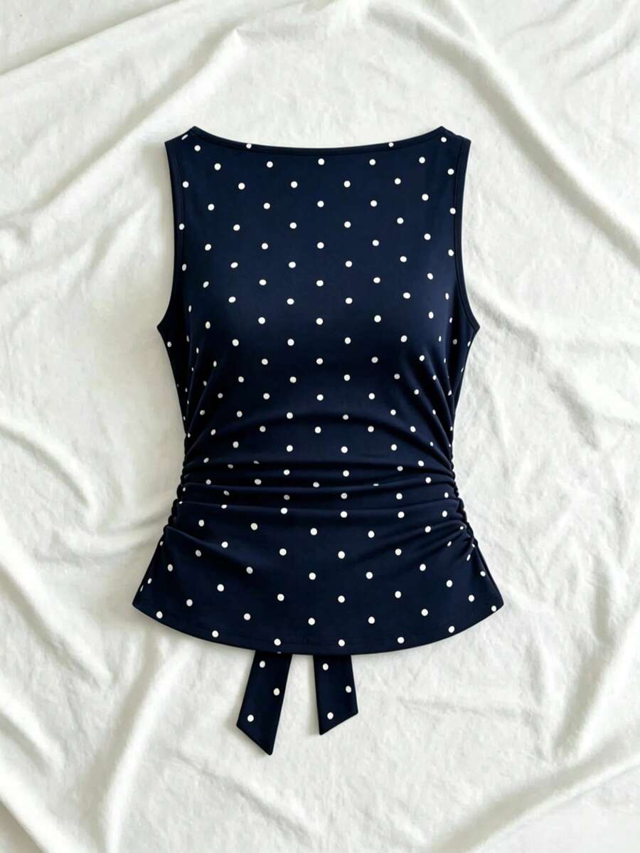 Women's cowl neck tie polka dot pleated tank blouse with ruched details and a regular fit