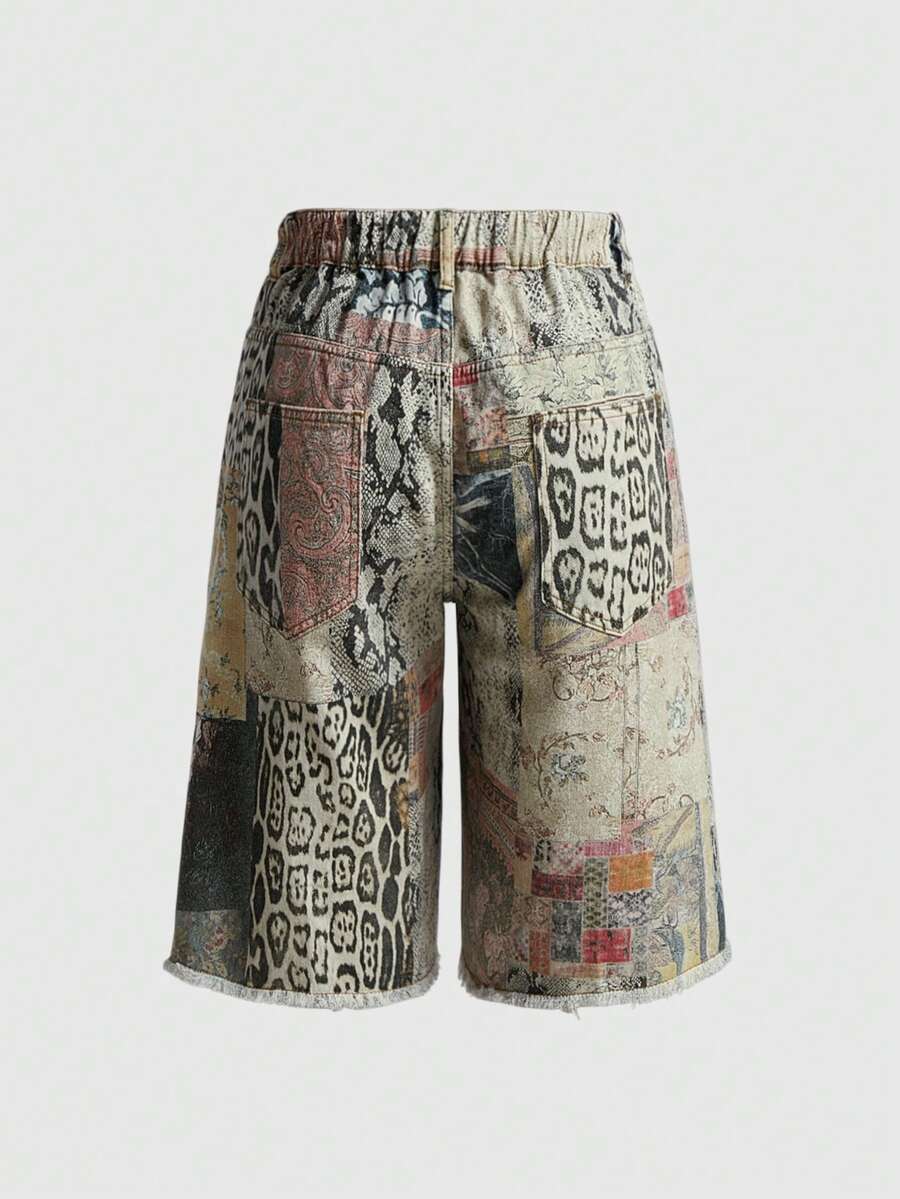 Women's loose wide-leg denim Bermuda shorts featuring vintage animal and paisley print with pockets and zipper fly.