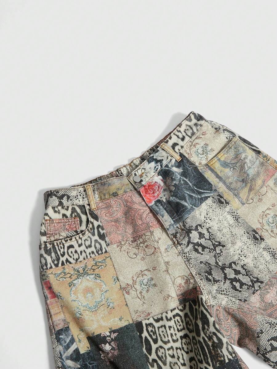 Women's loose wide-leg denim Bermuda shorts featuring vintage animal and paisley print with pockets and zipper fly.