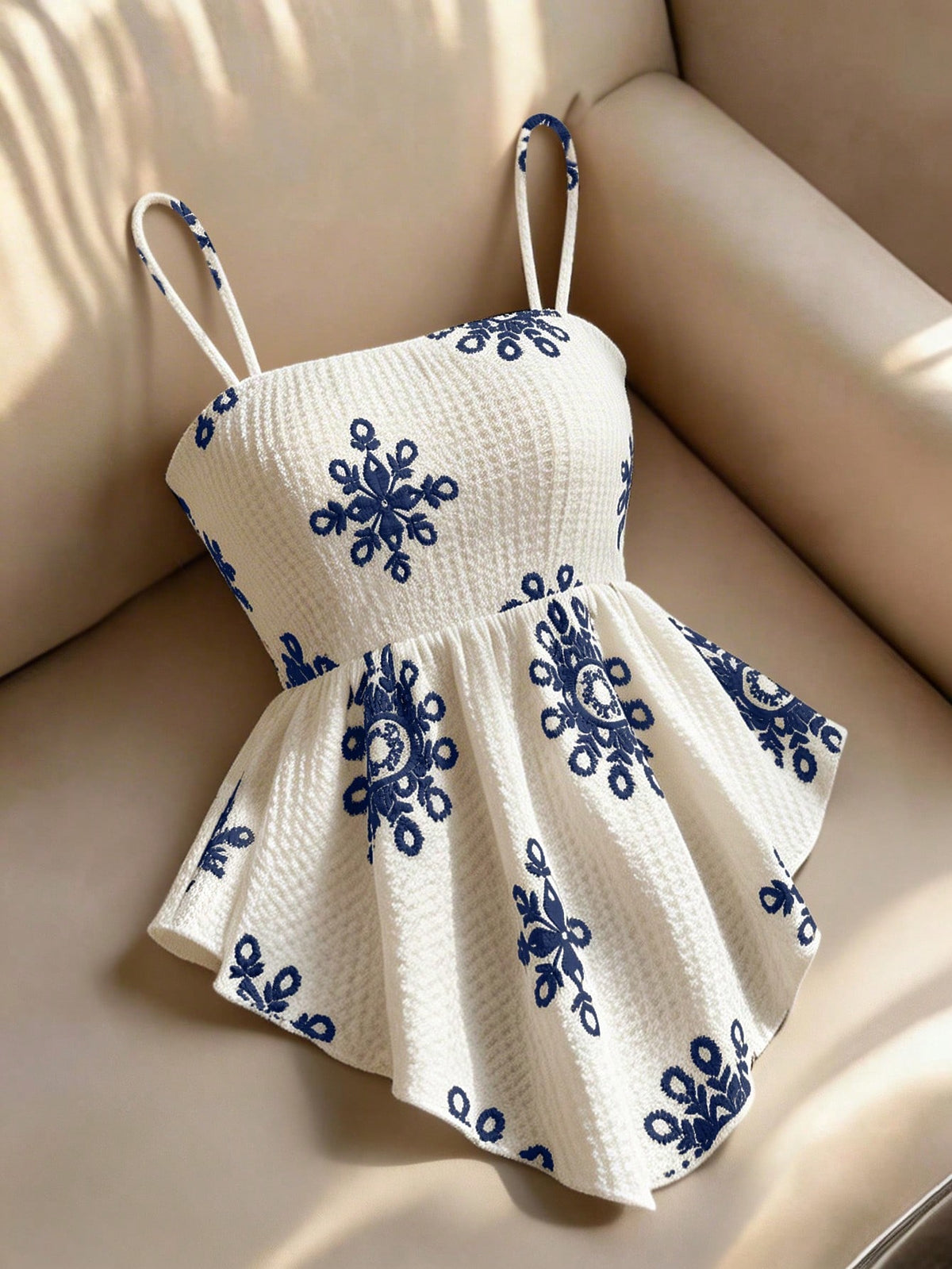 Women's floral snowflake print camisole top featuring spaghetti straps, slim fit, and an asymmetrical hem in navy blue knit fabric.