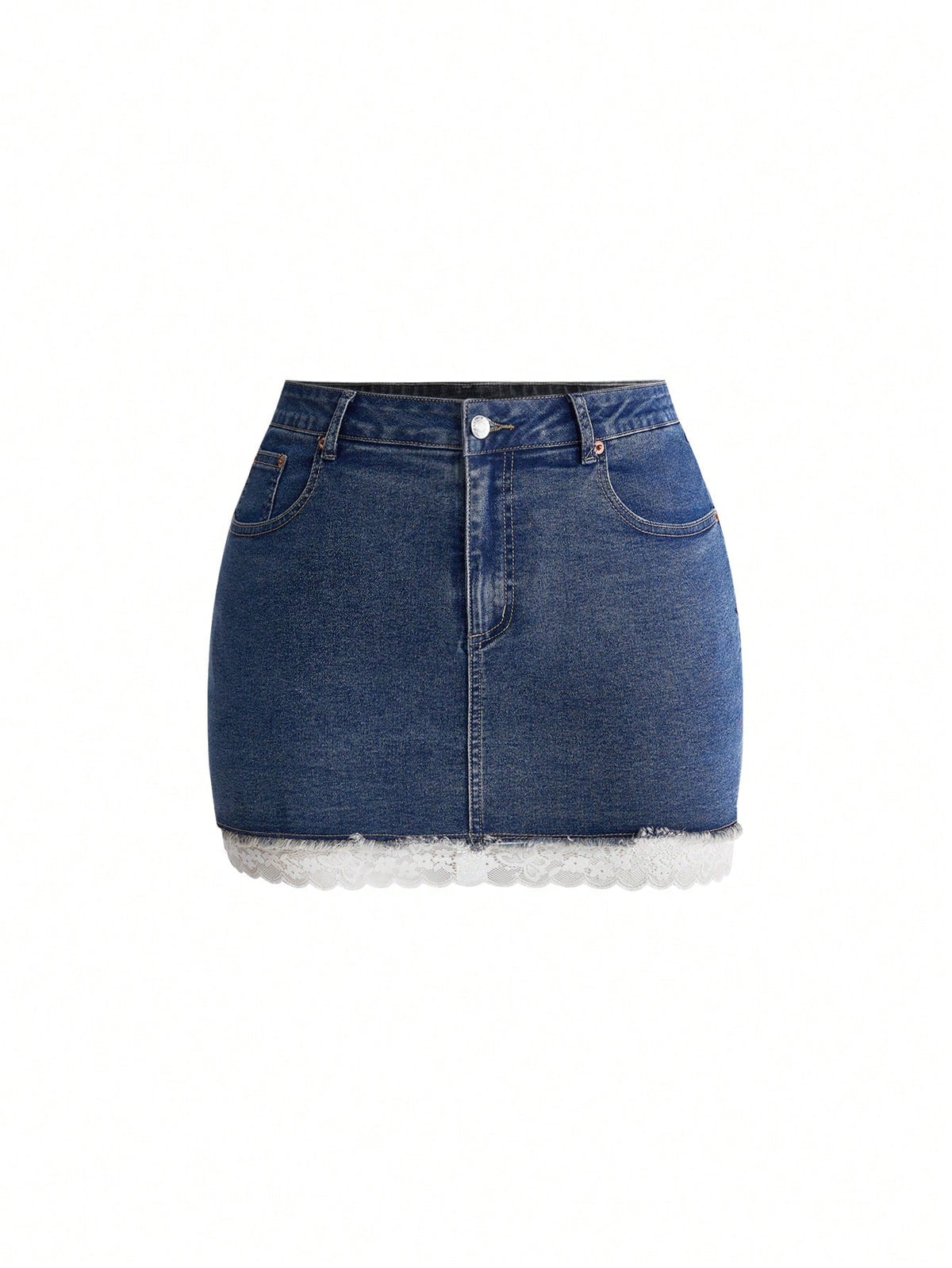 Front view of a women's plus size denim mini skirt with contrast lace trim and a fitted silhouette.