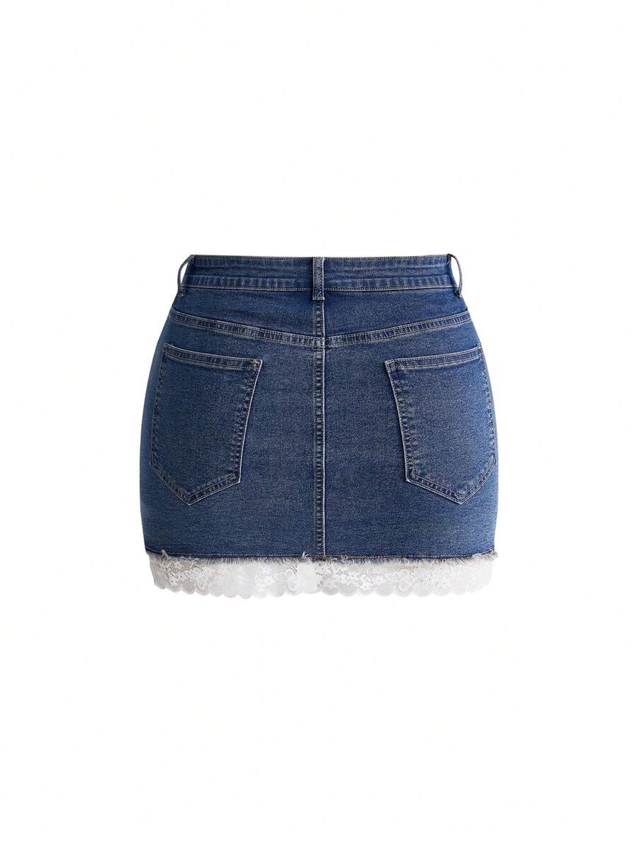 Front view of a women's plus size denim mini skirt with contrast lace trim and a fitted silhouette.