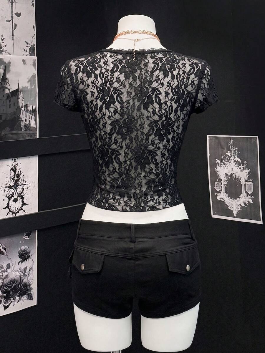 Women's semi-sheer deep V-neck top featuring cap sleeves, contrast lace trimming, and a lace-up front detail.