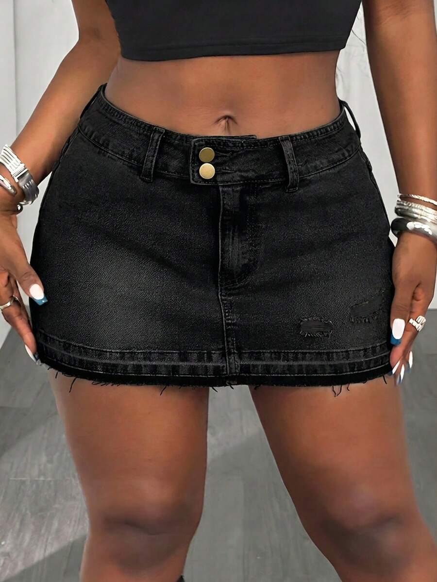 Women's black low waist bodycon mini skirt with button detail, pockets, and zipper closure
