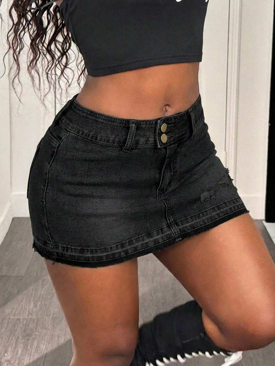 Women's black low waist bodycon mini skirt with button detail, pockets, and zipper closure