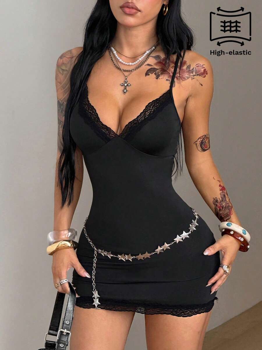 Black contrast lace bustier mini dress featuring spaghetti straps, a backless design, and arm sleeves