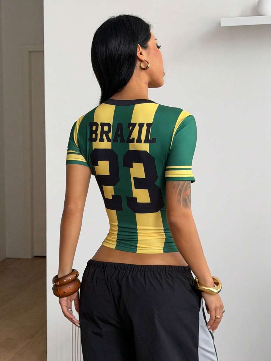 Women's slim fit short sleeve graphic jersey style top with contrast binding and round neckline