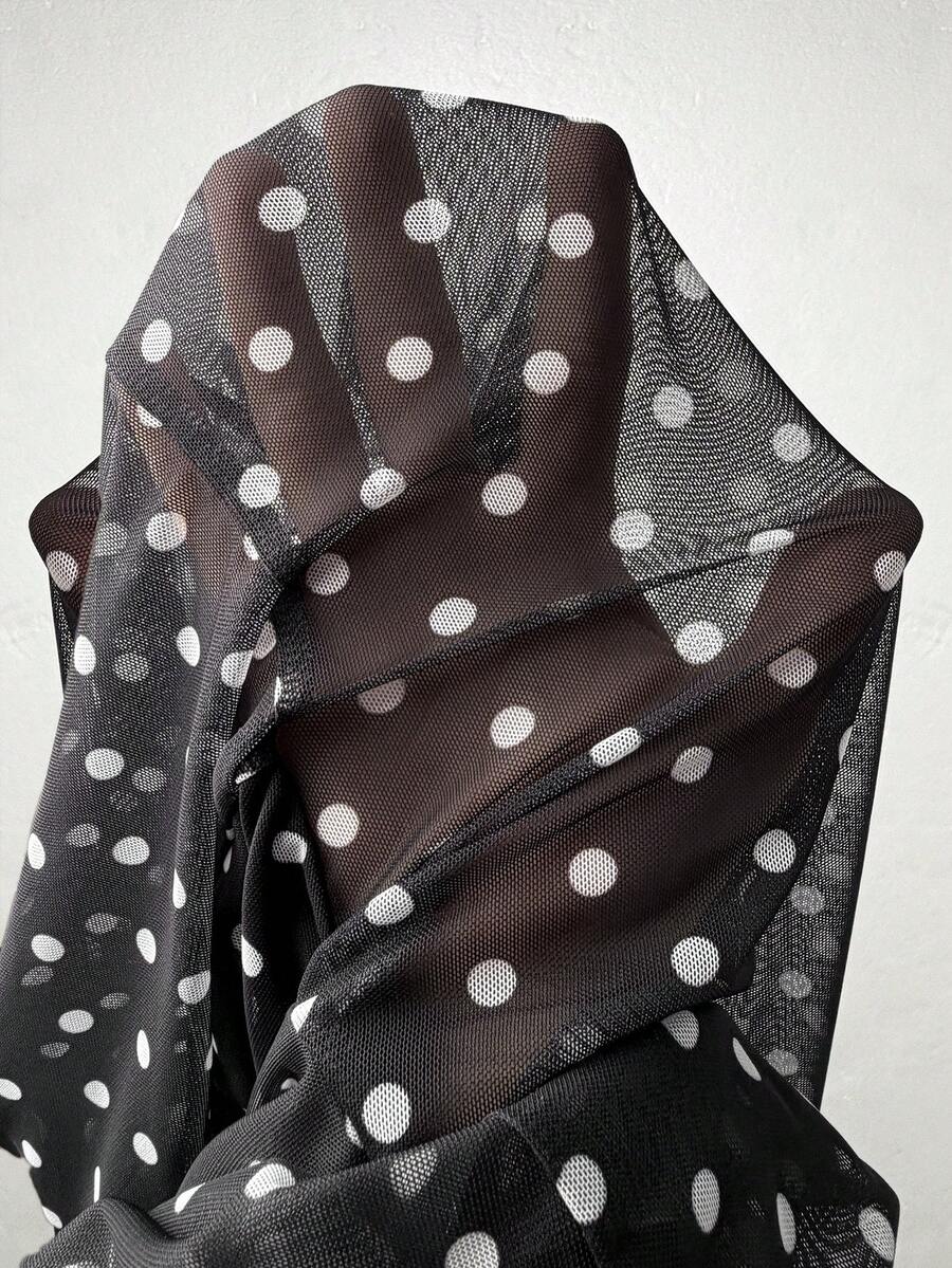 Women's polka dot sheer mesh crop blouse featuring contrast scallop lace trim along the V-neckline and long sleeves in a slim fit silhouette.