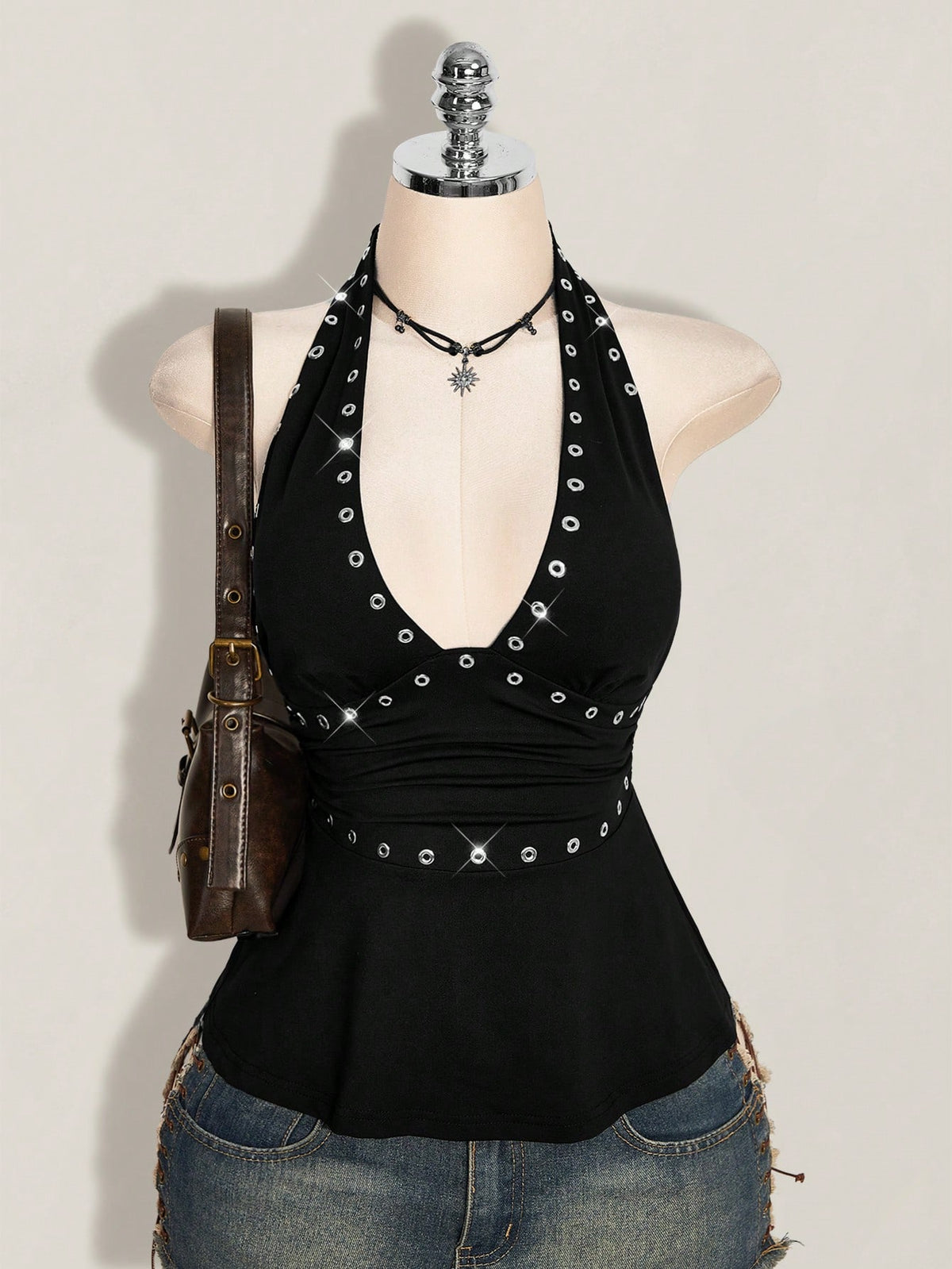 Women's backless halter babydoll tank top featuring a square neckline, slim fit silhouette, and a flared ruffle hem.