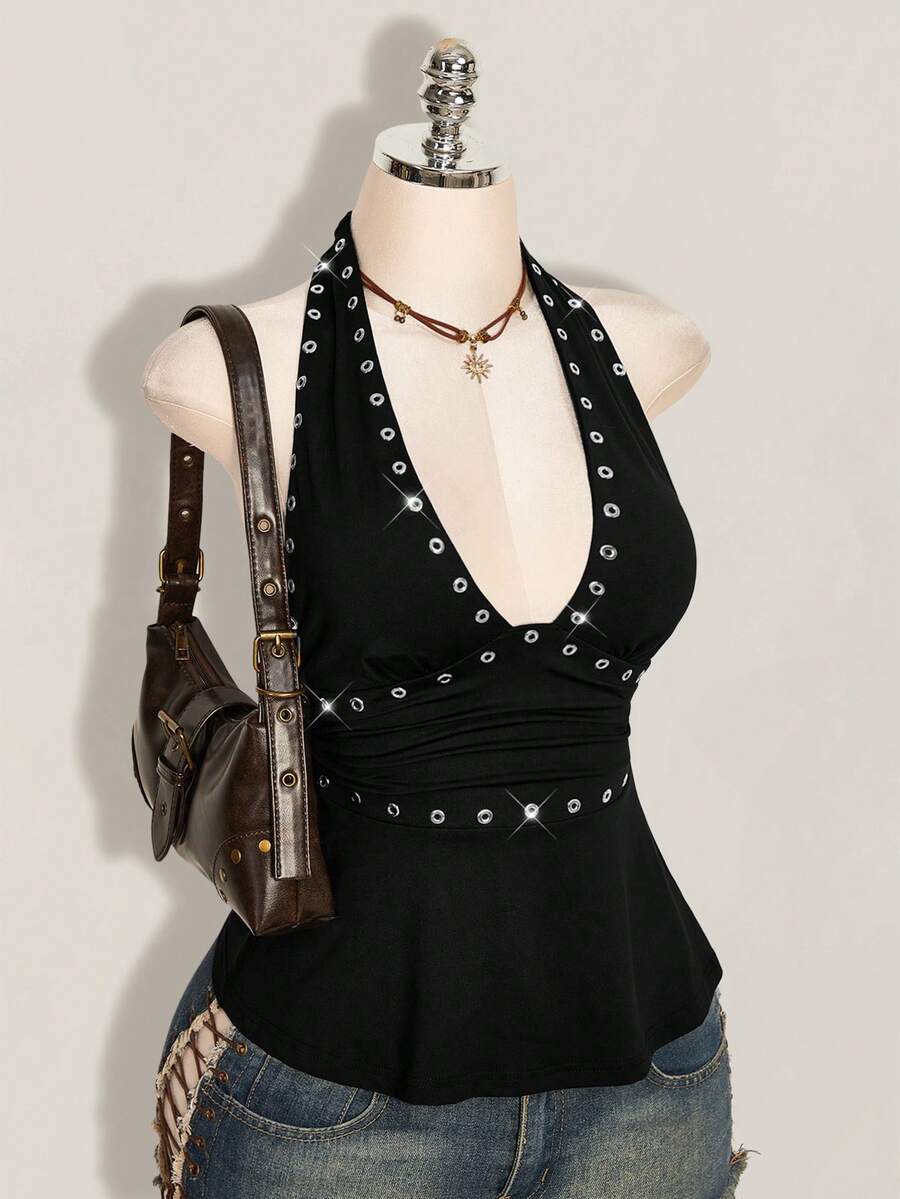 Women's backless halter babydoll tank top featuring a square neckline, slim fit silhouette, and a flared ruffle hem.